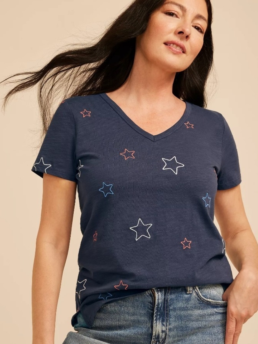 Maurices 24/7 Navy Short Sleeve V-Neck Tee with Star Embroidery